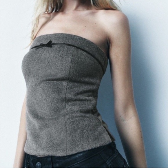 Zara Tops - Zara Strapless Flannel Bow Top Grey Black Tube Top Wool Blend Size Small NWT